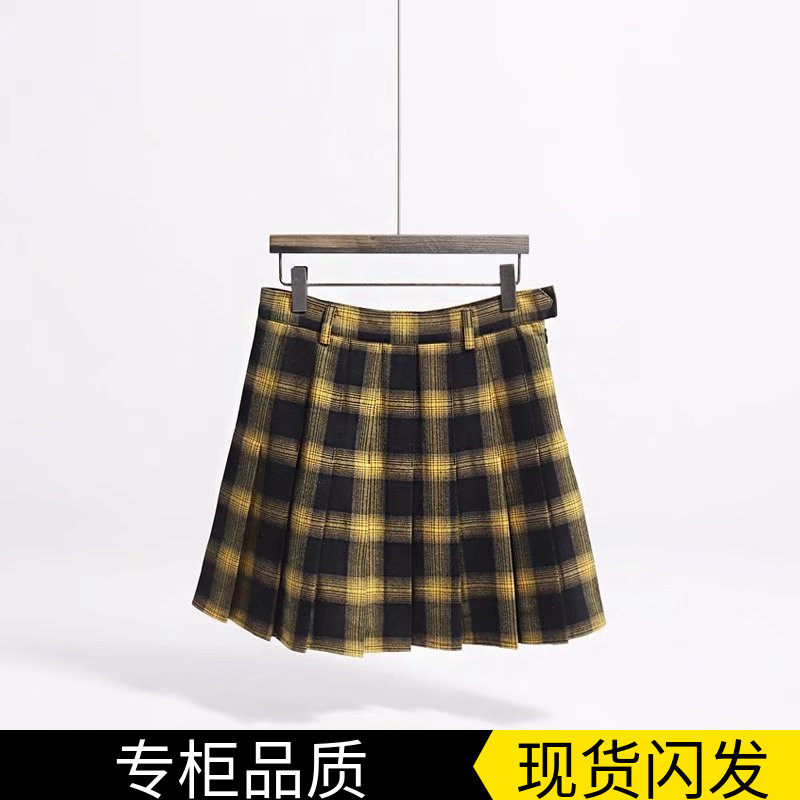 欧美风春季高品质黄格子高腰百褶裙制服复古学院风清新半身裙裤女