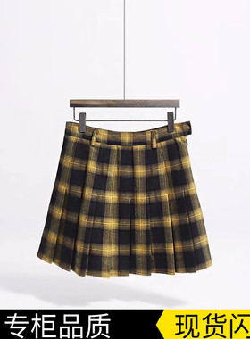欧美风冬季高品质黄格子高腰百褶裙制服复古学院风清新半身裙裤女