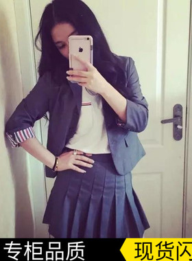 2025新款TB冬季学院风显瘦OL职业修身韩版西装料灰色高腰百褶裙女