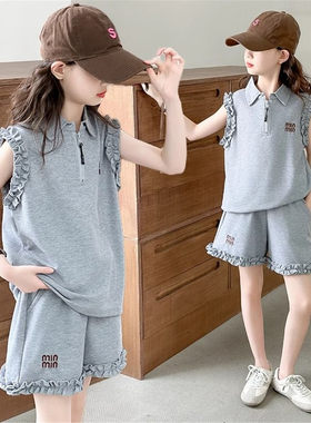 女童夏季荷叶边短裤运动服两件套