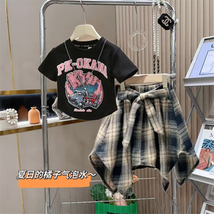女童夏装套装韩系新款洋气短袖T恤上衣格子裙12两件套高初中生9岁