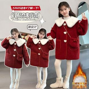 女童红色毛呢大衣12岁娃娃领爱心扣拜年服中大童少女加厚保暖外套