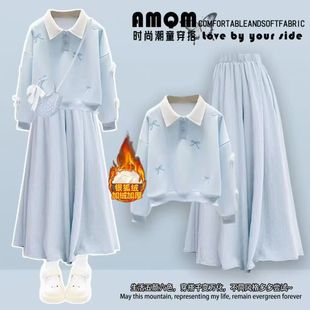 童装学院风Polo领加绒加厚卫衣套装女秋冬初中生少女蝴蝶结两件套