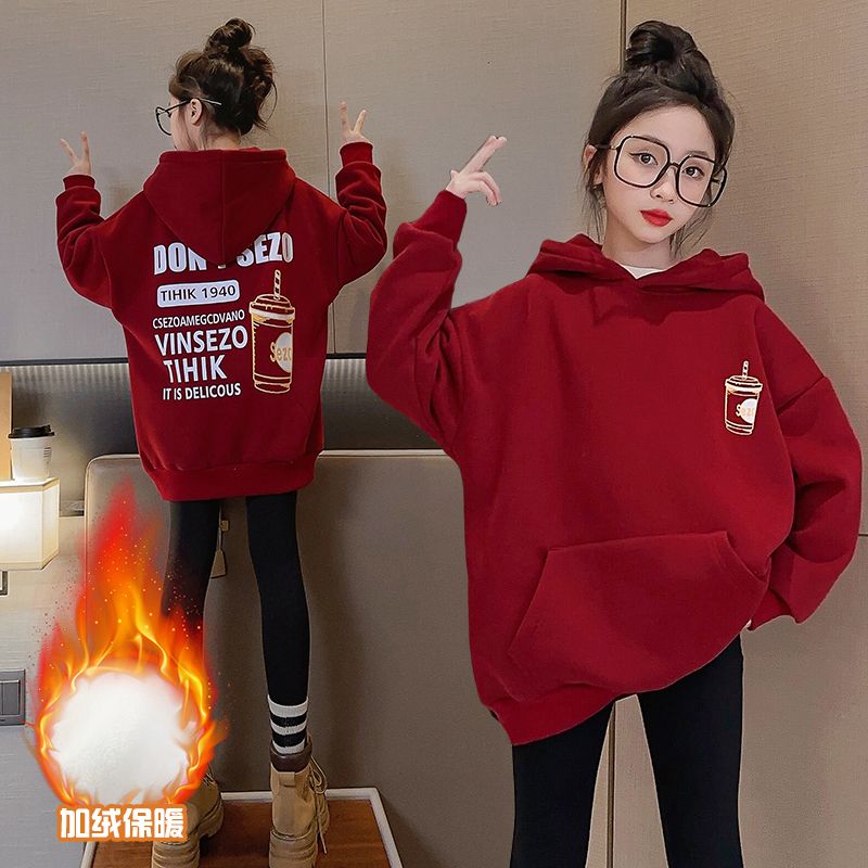 女童加绒卫衣秋冬加厚女连帽上衣