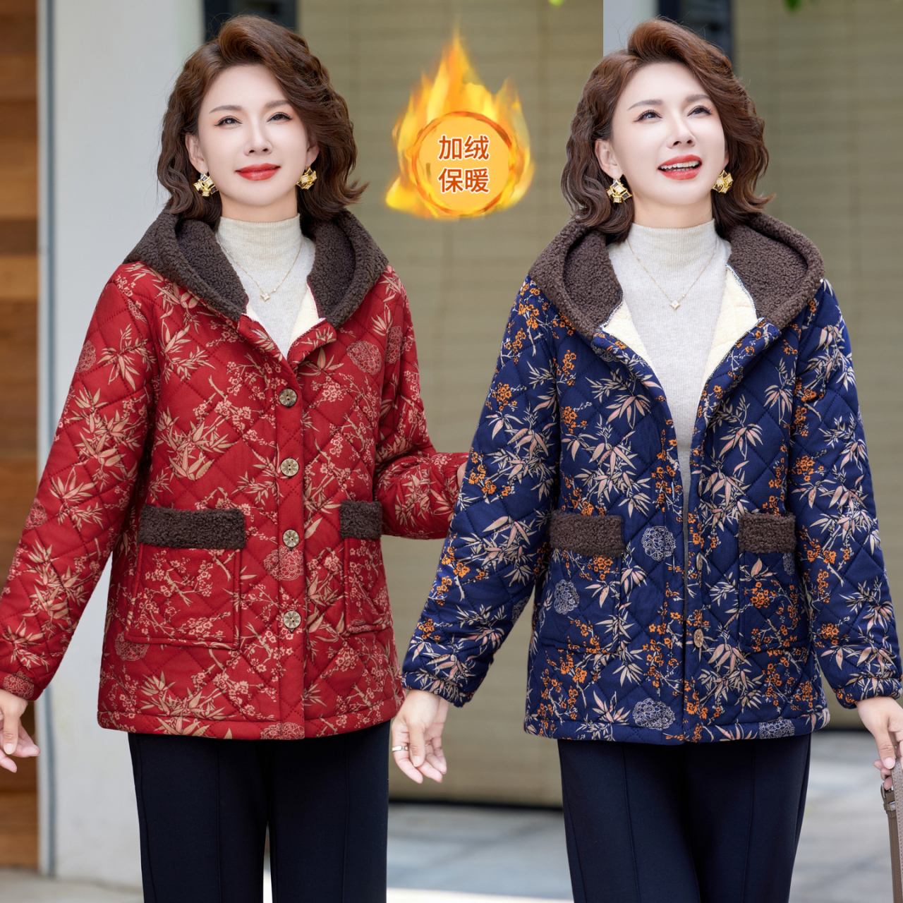 中老年人洋气新款加绒保暖棉服妈妈加厚洋气棉衣连帽格子棉袄外套