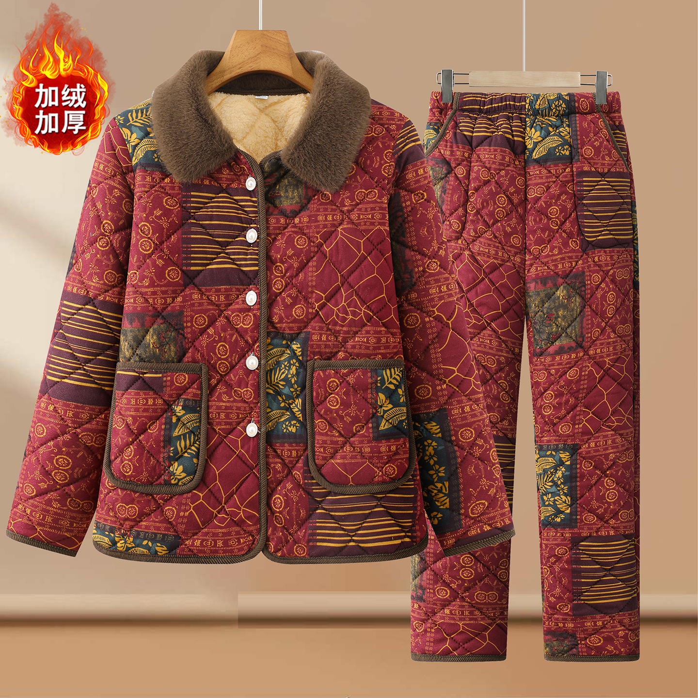 中老年妈妈翻领保暖棉服两件套秋冬加绒加厚国风印花棉衣棉裤套装