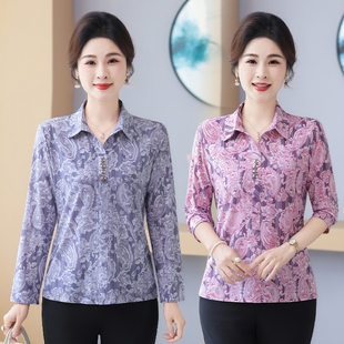 洋气薄款 妈妈装 显瘦上衣奶奶套头T恤 翻领印花衬衫 中老年春夏长袖