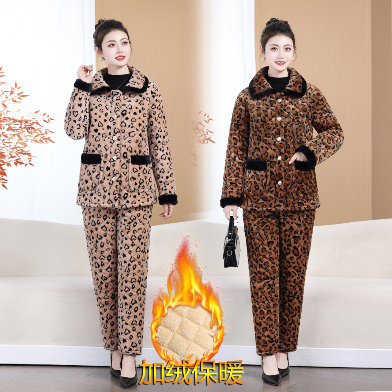 中老年女网红豹纹加绒加厚棉衣棉裤两件套妈妈保暖家居服棉服套装