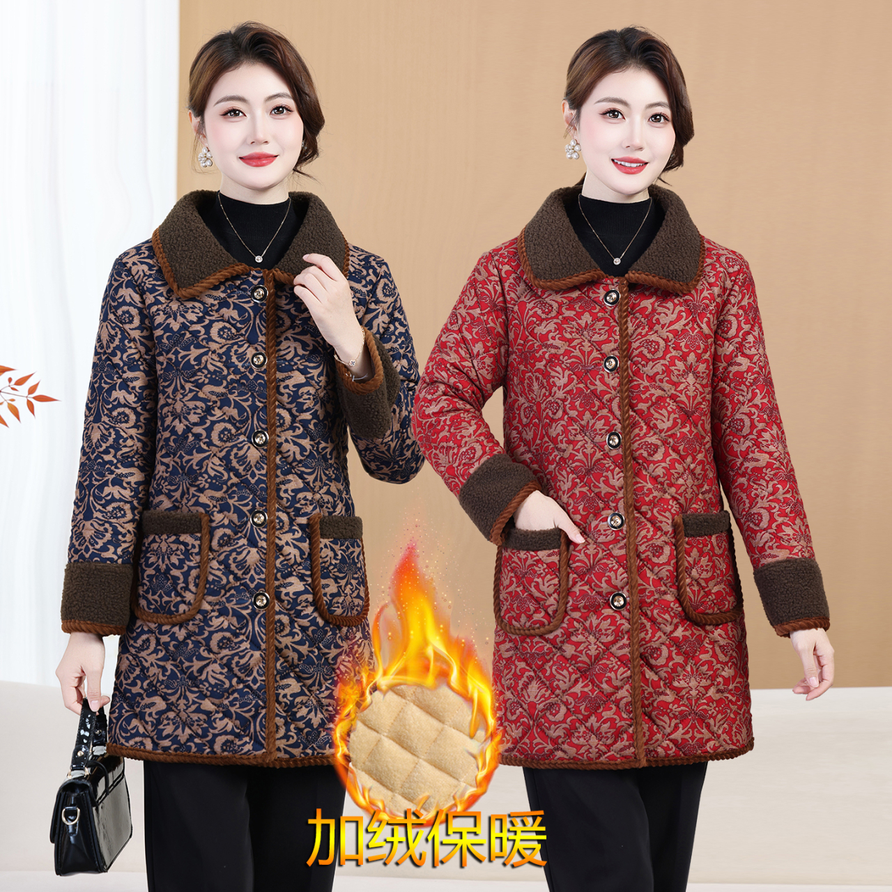 妈妈加绒加厚翻领棉衣中老年人女秋冬复古印花保暖中长款棉服外套