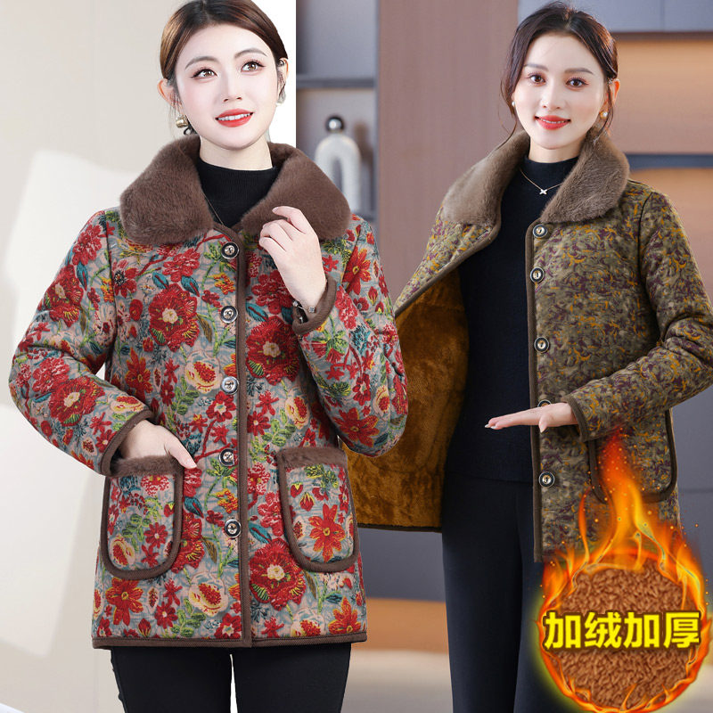 中老年人网红爆款翻领印花棉衣加绒加厚棉袄妈妈秋冬保暖棉服外套