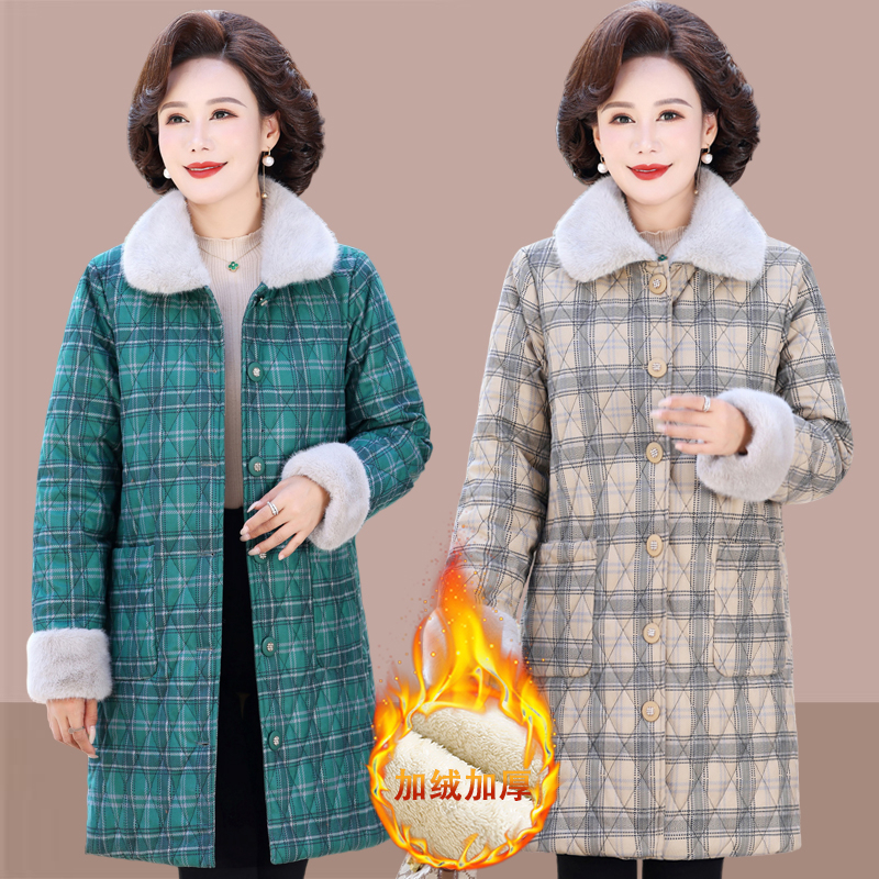 妈妈加绒加厚中长款灯芯绒棉服秋冬保暖毛领中老年人大码棉衣外套