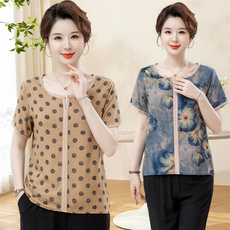 妈妈夏装短袖T恤衫洋气棉绸上衣2025中老年女时尚夏季圆领薄小衫