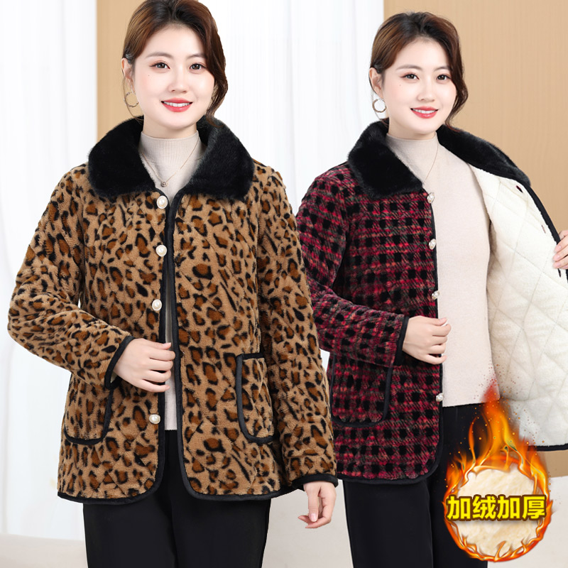 新款冬季加绒棉衣中老年人保暖加厚妈妈减龄外套棉袄翻领豹纹棉服