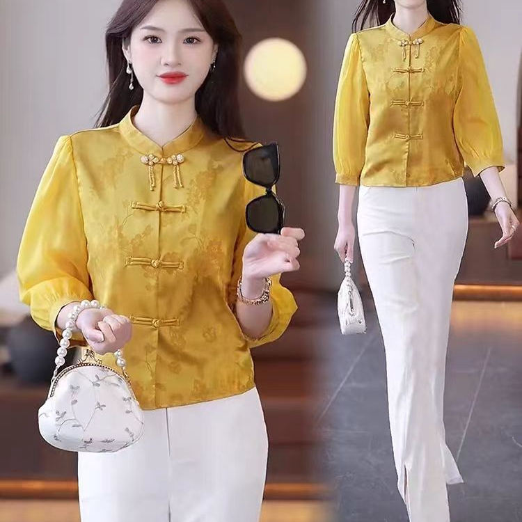 新中式盘扣暗纹提花衬衫女春夏新款设七分袖国风衬衣气质立领上衣