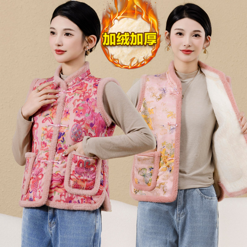 中老年人中式国风坎肩背心保暖秋冬外套妈妈新款加绒加厚马甲棉衣