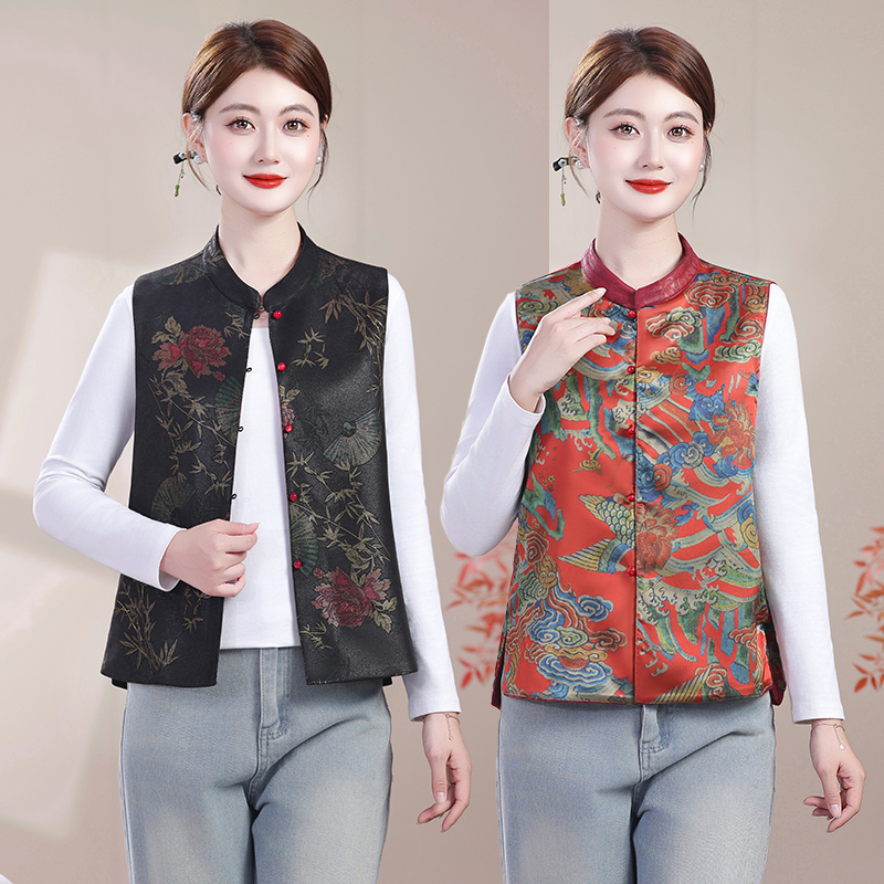 妈妈新款国风盘扣马甲中老年人春秋洋气中式AB两面穿上衣坎肩外套