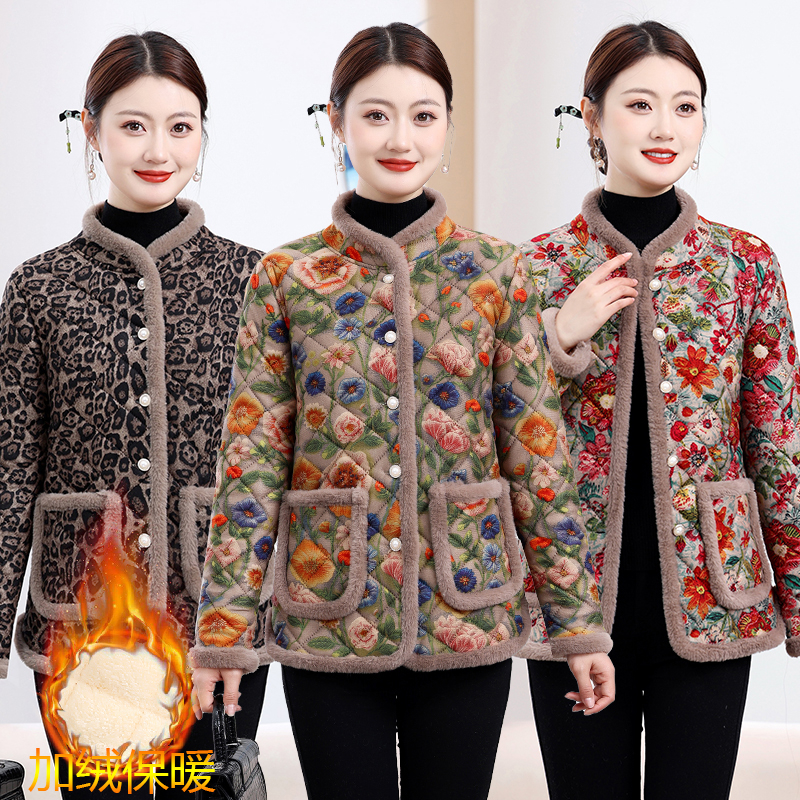 妈妈秋冬新款加绒加厚保暖棉衣外套中老年人洋气碎花棉袄居家棉服