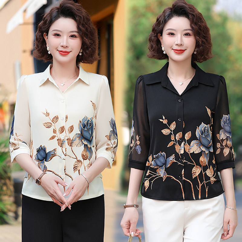 妈妈夏季印花中袖小衫2025新款中老年人洋气减龄雪纺衬衫翻领上衣