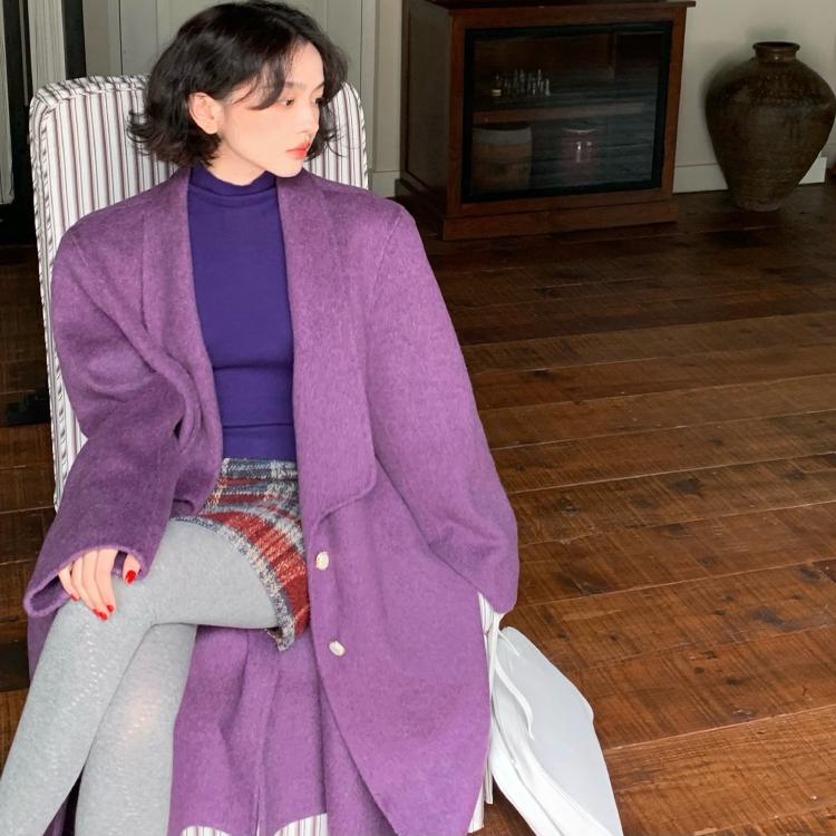 酒午冬季复古加厚单排扣毛呢外套