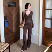 绒绒暖茶 直筒长裤 港风复古秋季 酒午自制 新款 高腰修身 微喇裙裤