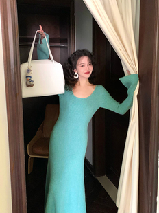 喇叭袖 港风复古法式 圆领针织连衣裙女冬打底长裙 回信 酒午自制