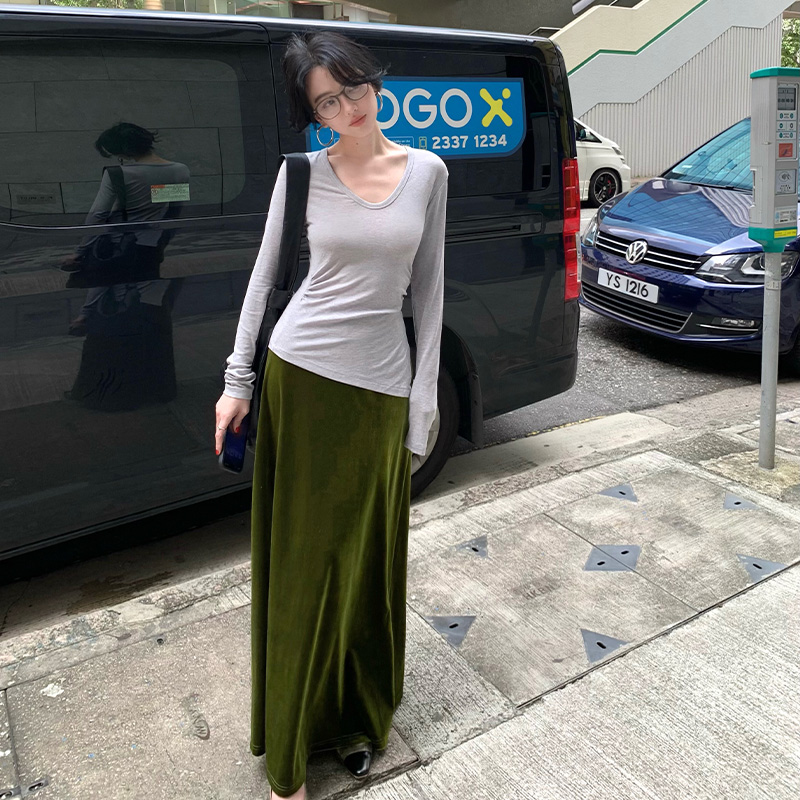 港风复古秋长袖纯色不规则打底衫