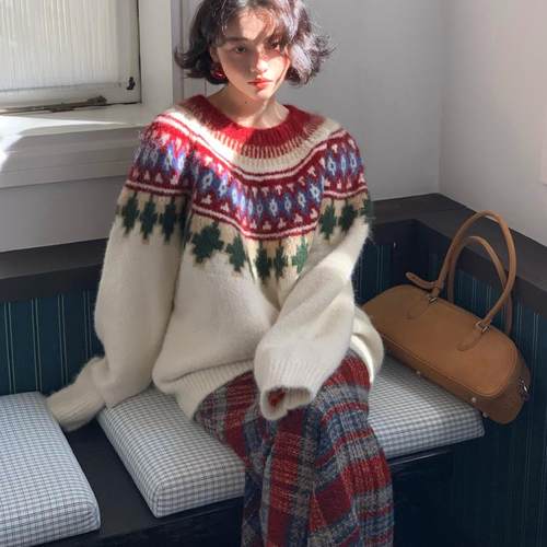 酒午自制复古圣诞提花加厚毛衣女