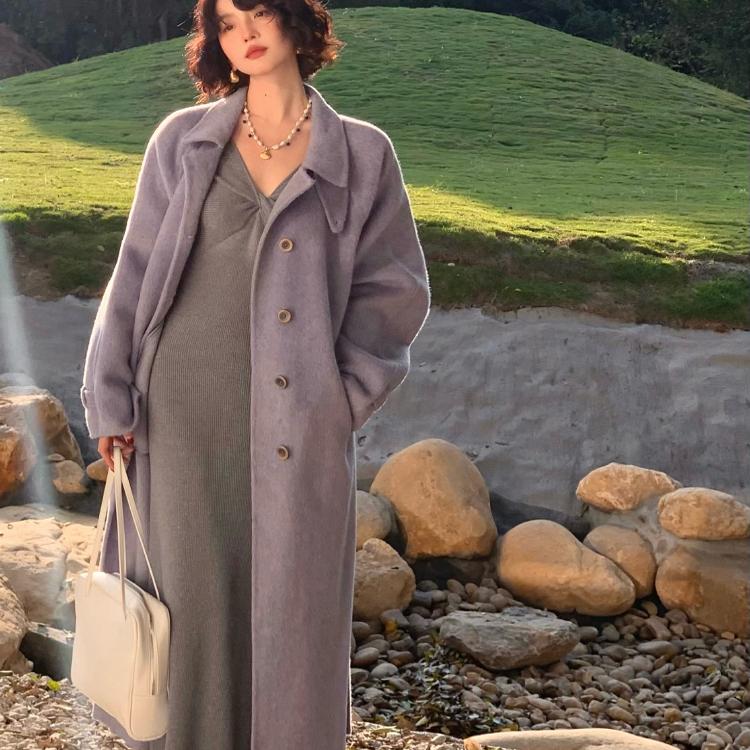 酒午自制100羊毛立领毛呢大衣女