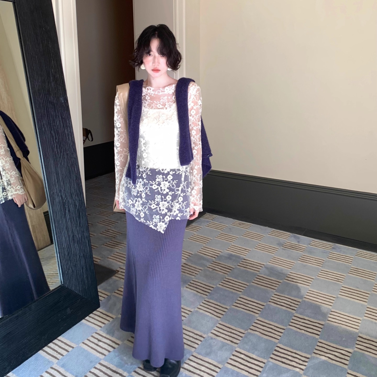 酒午自制【杏雾繁花】法式复古透明蕾丝绣花罩衫+吊带背心两件套