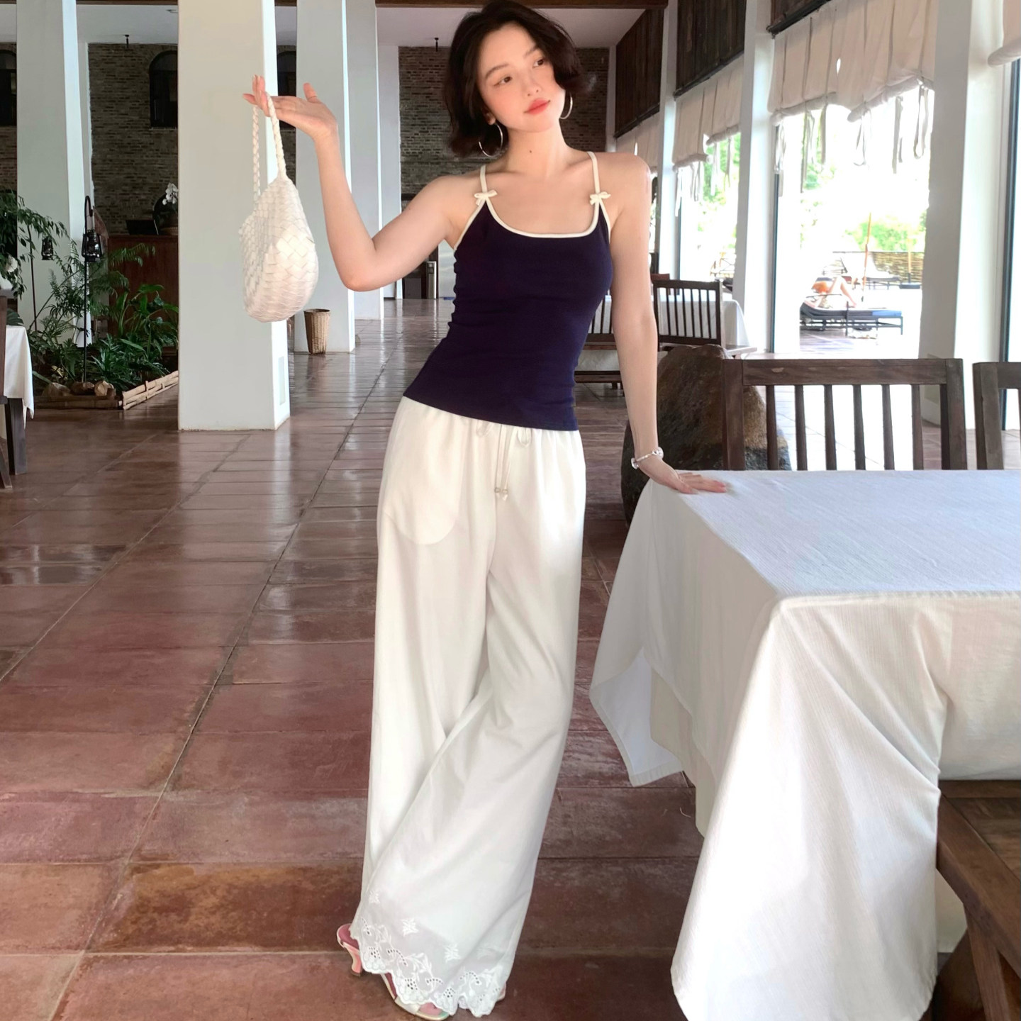 酒午自制法式复古夏季系带高腰显瘦蕾丝边阔腿裤全棉薄款休闲裤女
