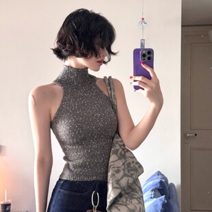 冰芒之吻 背心短款 港风复古秋季 高领无袖 露肩上衣 新款 酒午自制