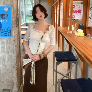 月光织间 复古夏季 酒午自制 法式 方领蕾丝衫 吊带上衣两件套装