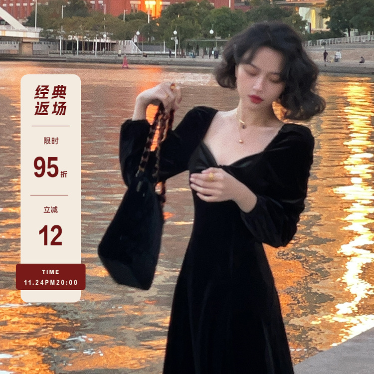 开叉连衣裙法式复古丝绒黑色