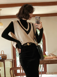 酒午港风复古外穿羊毛针织毛衣马甲女秋冬季 背心 宽松叠穿V领无袖