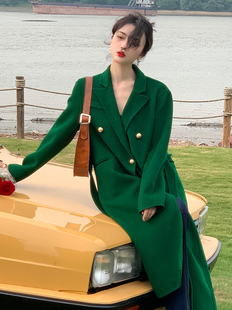 酒午自制港风复古女冬加厚纯羊毛双面呢子大衣绑带中长款毛呢外套