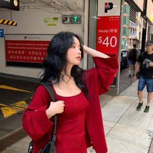 新款 半身裙针织套装 落肩袖 吊带背心 女 外套 酒午自制港风复古秋季