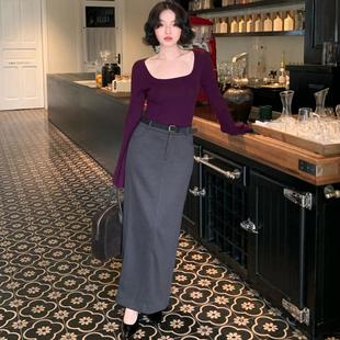 隐奢 西装 2024冬季 港风复古高腰长款 裙气质半身裙 新款 酒午自制