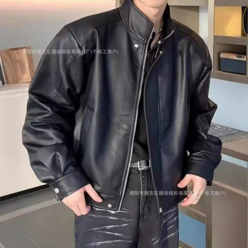 港风复古黑色PU皮垫肩短款皮衣夹克男秋冬美式宽松机车服潮流外套