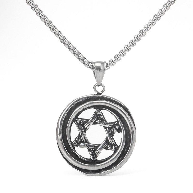 不锈钢欧美嘻哈摇滚复古朋克街头时尚铸造圆形六角星吊坠钛钢项链,饰品/流行首饰/时尚饰品新,项链,淘宝优惠券,粉丝福利购,淘宝优惠卷
