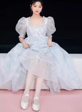 2024年夏selkie ocean在逃公主蓬蓬宫廷白底绣球花印花及踝连衣裙