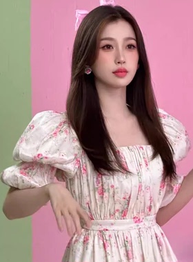 2024年春夏selkie ocean虞书欣同款泡泡袖油画粉色碎花蓬蓬连衣裙