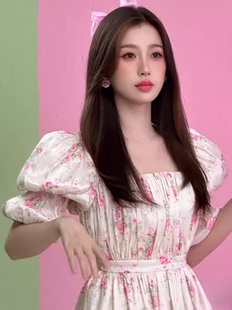 2024年春夏selkie ocean虞书欣同款泡泡袖油画粉色碎花蓬蓬连衣裙