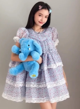 林小宅同款selkie2022年夏浅蓝印花公主蕾丝花边蓬蓬洛丽塔连衣裙
