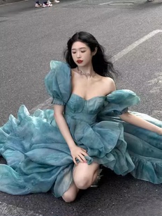 2024年春夏Selkie ocean长款礼服公主荷塘芙蓉荷叶边开衩女连衣裙