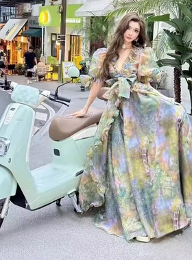 2024年春selkie ocean公主蓬连衣裙莫奈花园小桥印花蝴蝶结礼服裙