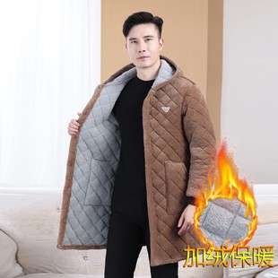 罩衣中老年中长款 爸爸装 男士 加绒特厚2025新款 连帽子棉衣棉服 冬季