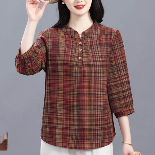 2025新款中老年人七分袖薄款t恤宽松上衣妈妈夏装棉麻复古小衫女