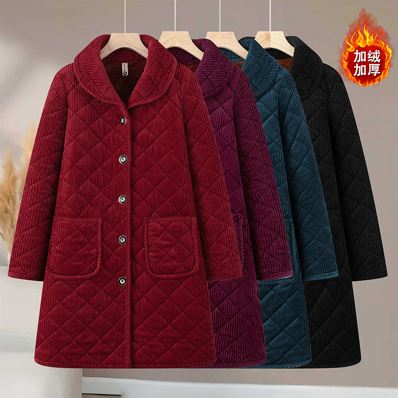 妈妈冬装加绒加厚保暖棉袄翻领外套中老年女装中长款灯芯绒棉衣