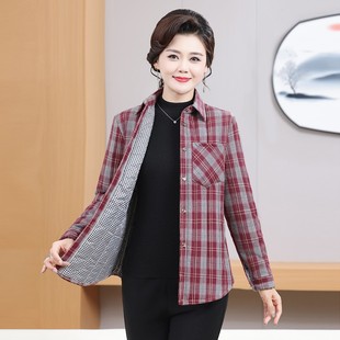 外套长袖 新款 中老年洋气加厚保暖衬衣休闲妈妈秋冬格子夹棉衬衫