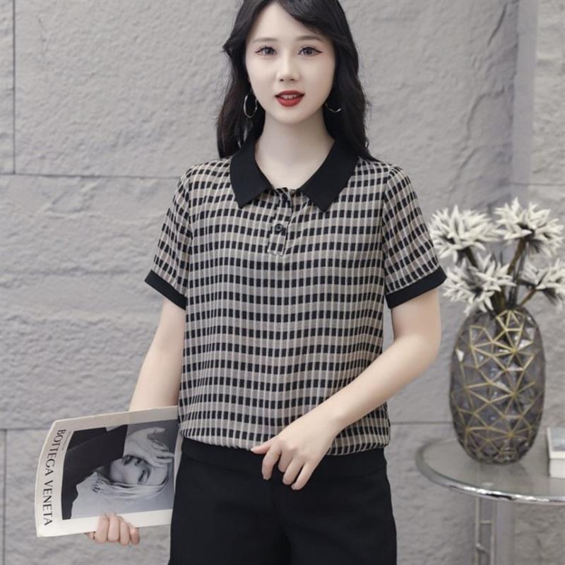 中年妈妈装宽松遮肚上衣2025夏季新款时尚百搭格纹翻领短袖T恤女